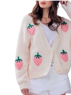 Luna Ivy Ivory Embroidered Strawberry-Appliqué Knit Cardigan size S